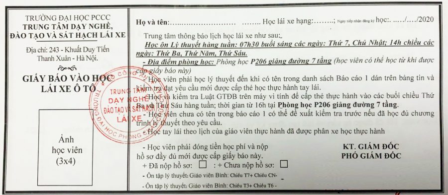 Giấy báo nhập học lái xe trường PCCC